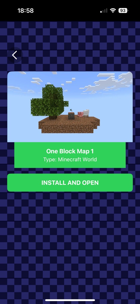 One Block - Maps for Minecraft - Users can effortlessly browse and install new challenges, highlighted by a clear map preview image and a large "INSTALL AND OPEN" button for direct integration.