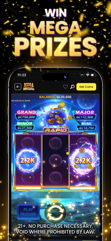 MegaBonanza - Social Casino - Witness the potential for mega prize wins with dynamic electric orb slot graphics and a clearly visible current GC balance at the top of the screen.