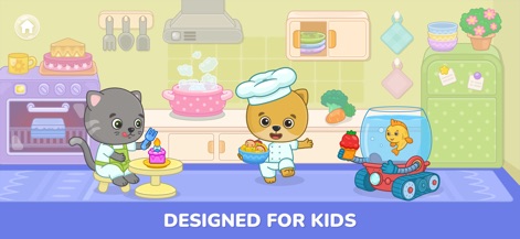 2+ Year Old Games for Toddlers - Esta captura muestra a los personajes explorando una cocina, preparando pasteles y cocinando vegetales, donde la creatividad culinaria se integra en el juego.