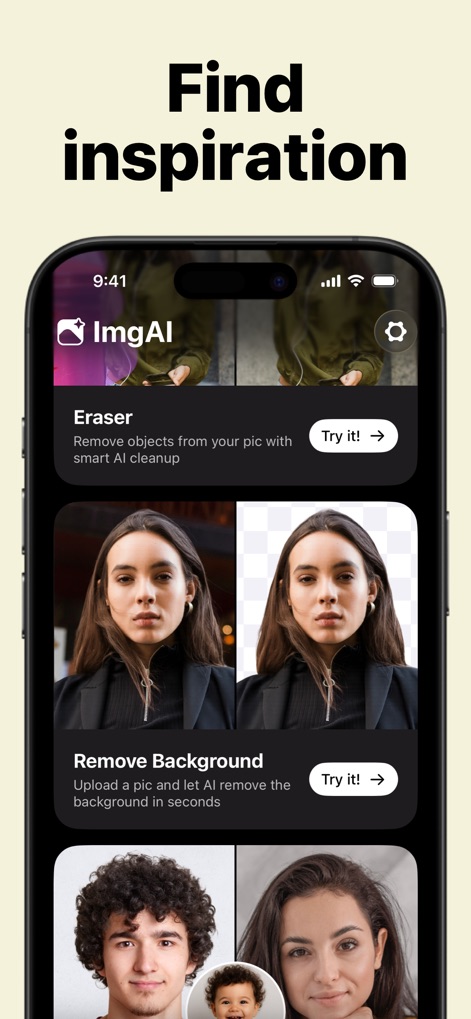 AI Photo Generator: ImgAI - Discover how the "Eraser" and "Remove Background" tools offer smart AI cleanup, helping users effortlessly refine their images and "Find inspiration" for new creations.