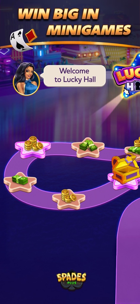 Spades Plus - Card Game - Explore the engaging 'Lucky Hall Minigame' progression path, offering players various 'Currency Rewards' and exciting challenges.