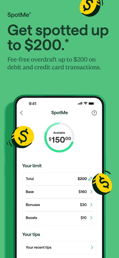 Chime® – Mobile Banking - Users can review their SpotMe® overdraft limit with ease, viewing the total available and a detailed breakdown of how the limit is calculated.