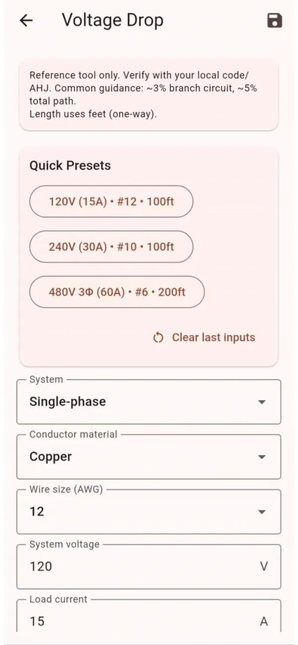 Screenshot #2 pour FieldCalc - Voltage Drop Pro