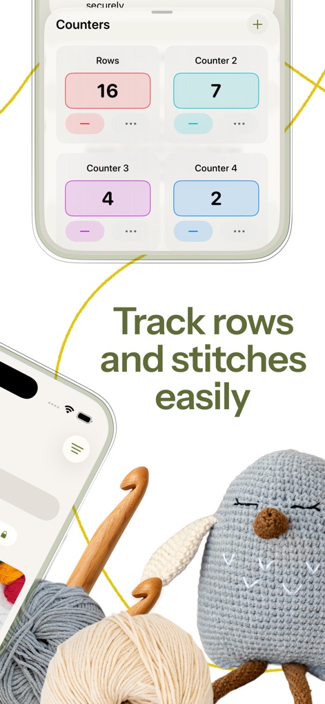 Loopsy - Crochet & Knitting - The app provides customizable digital counters for precise row and stitch tracking, featuring clear numerical displays and intuitive adjustment buttons.