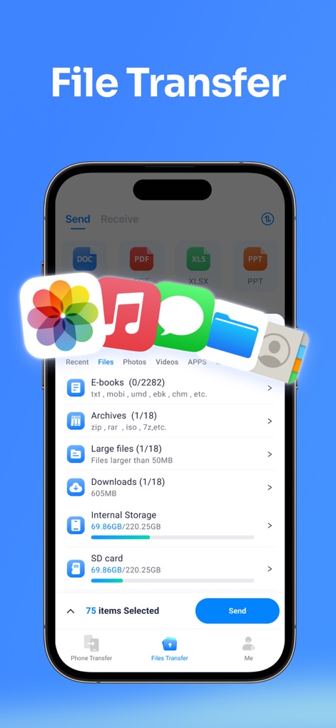 Data Transfer - MobileTrans - ドキュメント（DOC、PDF、XLS、PPT）を含む多様なファイル形式に対応し、E-booksやアーカイブといったカテゴリ別にファイルを閲覧・選択できます。