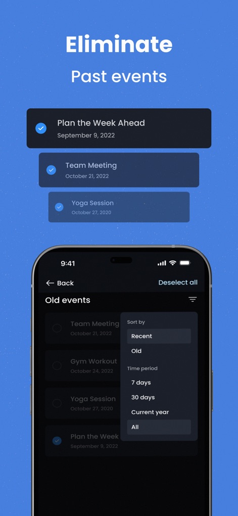 Free Up Storage - Cleanup Guru - Los usuarios pueden depurar su calendario de eventos antiguos, con opciones para "Ordenar por" (Reciente, Antiguo) y seleccionar un "Período de tiempo" específico para la limpieza.