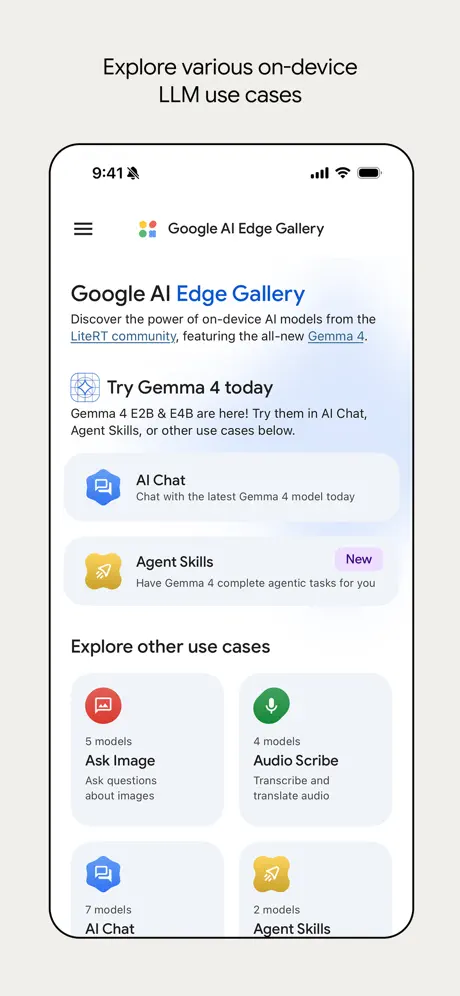 Google AI Edge Gallery 앱의 메인 화면. 'Gemma 4' 모델 사용해보기 버튼과 AI 채팅, 에이전트 기술(Agent Skills), 이미지 질문(Ask Image), 오디오 기록(Audio Scribe) 등 다양한 온디바이스 AI 기능 메뉴가 나열된 인터페이스.