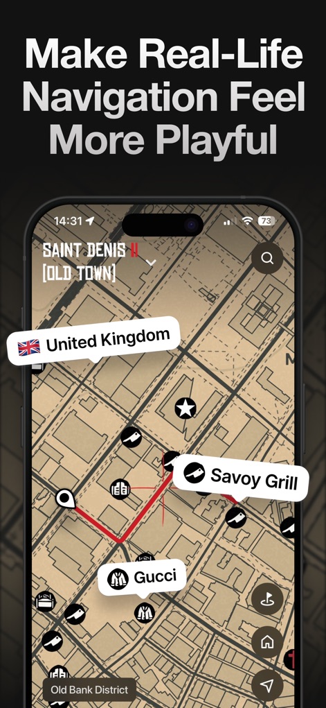 Game Maps IRL - The app makes real-life navigation playful by showcasing iconic landmarks like 'Gucci' and 'Savoy Grill' within a distinct 'Saint Denis [Old Town]' game map style.
