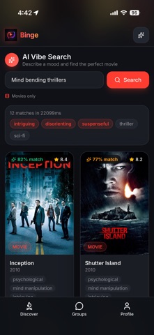 Binge. iPhone screenshot