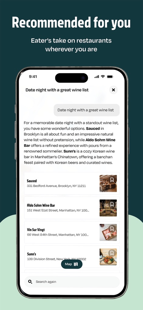 Eater - The app provides tailored dining suggestions based on user preferences, offering a curated list of establishments with detailed descriptions and visual previews.