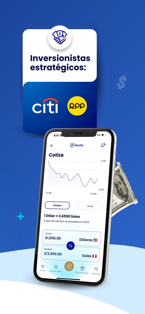 Rextie: Cambio de Dólares Perú - Les utilisateurs bénéficient d'une visualisation claire des taux de change grâce à un graphique historique et d'une interface intuitive pour les conversions de devises, le tout soutenu par des investisseurs stratégiques tels que Citi et RPP.