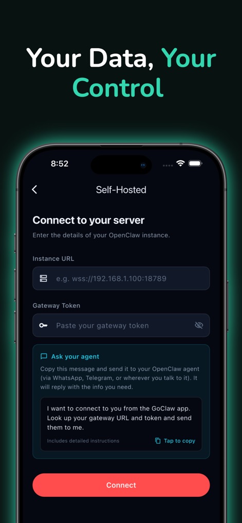 GoClaw - OpenClaw App - Dieser Screenshot demonstriert die Option für Self-Hosting, wobei Nutzer die Server-Verbindungsfelder ausfüllen, um die Kontrolle über ihre Daten und die Integration mit OpenClaw zu gewährleisten.