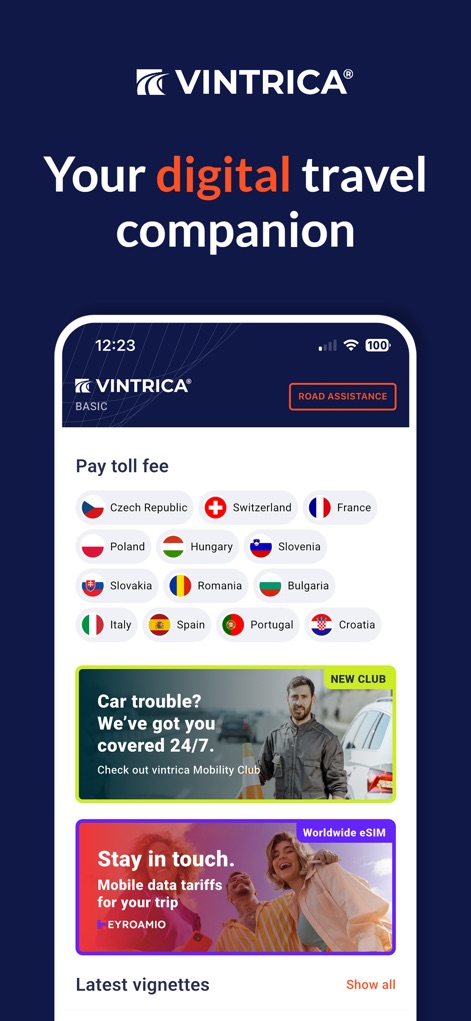 vintrica Mobility - This central dashboard showcases quick access to toll fee payments for numerous European countries and highlights exclusive services like the vintrica Mobility Club.