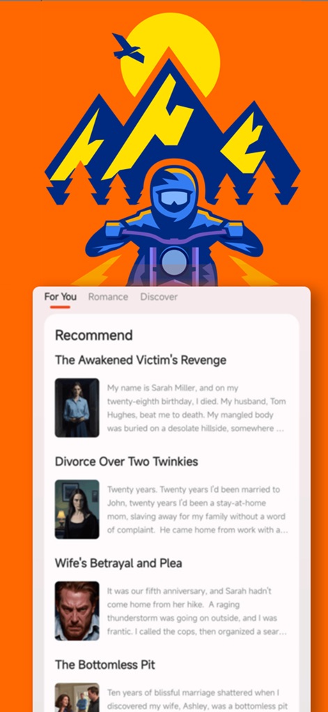 motonovel - L'icona distintiva del motociclista e le schede di navigazione 'For You' e 'Romance' guidano gli utenti attraverso una selezione personalizzata di romanzi.