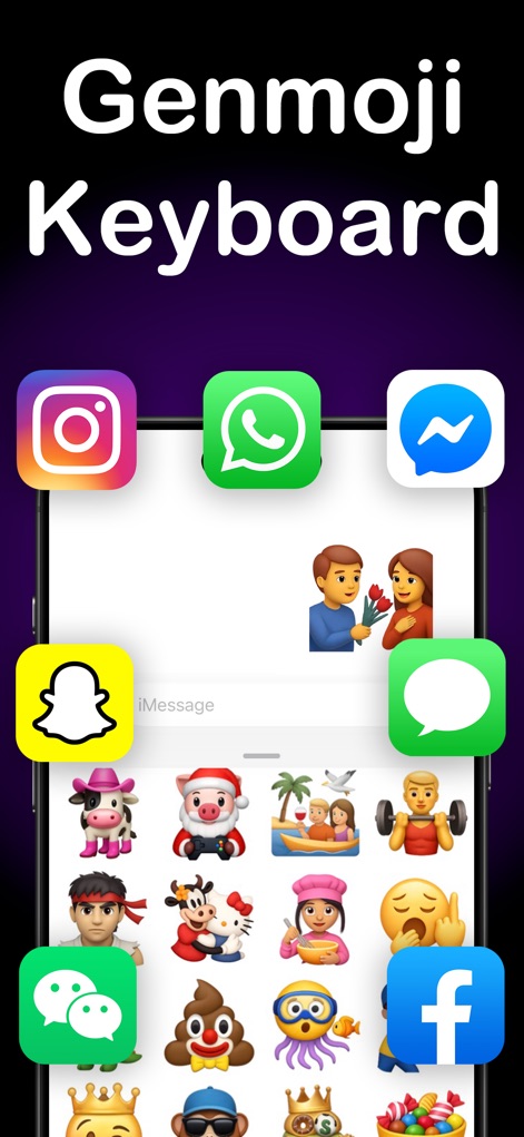 Genmoji: AI Emoji Maker - Mix - Discover the Genmoji Keyboard's seamless integration within messaging, enabling users to effortlessly share creations across popular social media apps and a rich grid of available emojis.