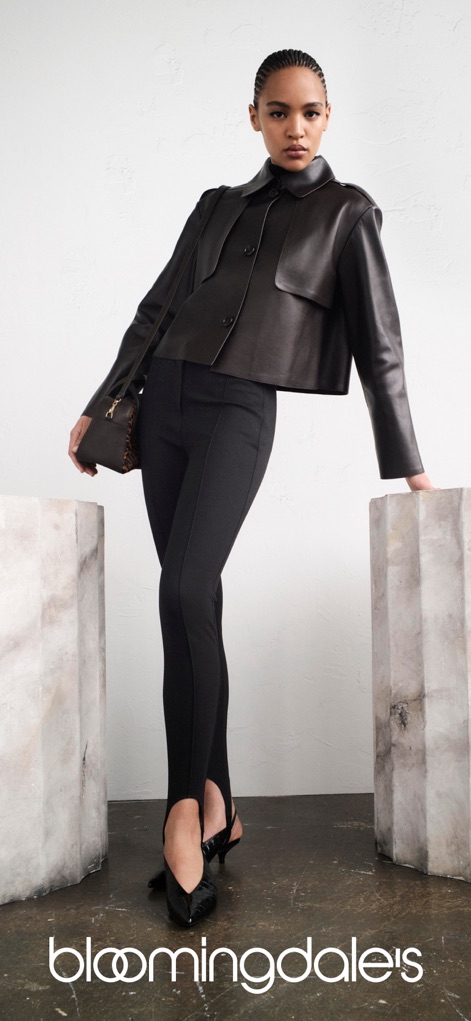 Bloomingdale's: Online Store - This image highlights a sophisticated leather jacket and form-fitting trousers, emblematic of the app's premium fashion offerings.