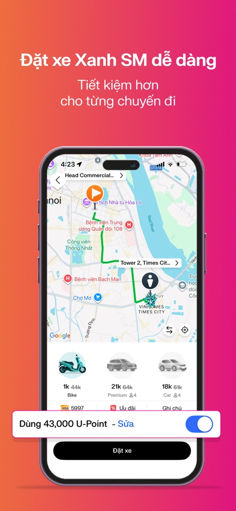 OneU: Tiết kiệm với U-Point - Esta ferramenta facilita o pedido de viagens com um mapa interativo de rotas para destino e a opção de usar U-Points como pagamento, oferecendo uma maneira eficiente de se locomover.