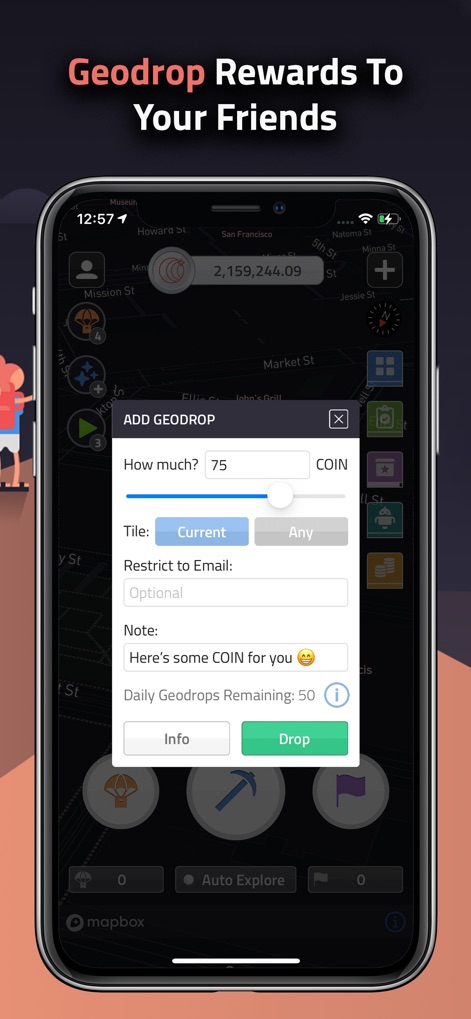 COIN: Always Be Earning - La aplicación facilita la interacción social a través de la funcionalidad de envío de 'Geodrop', permitiendo a los usuarios compartir COIN y personalizar el envío con detalles como la cantidad y el tile específico.