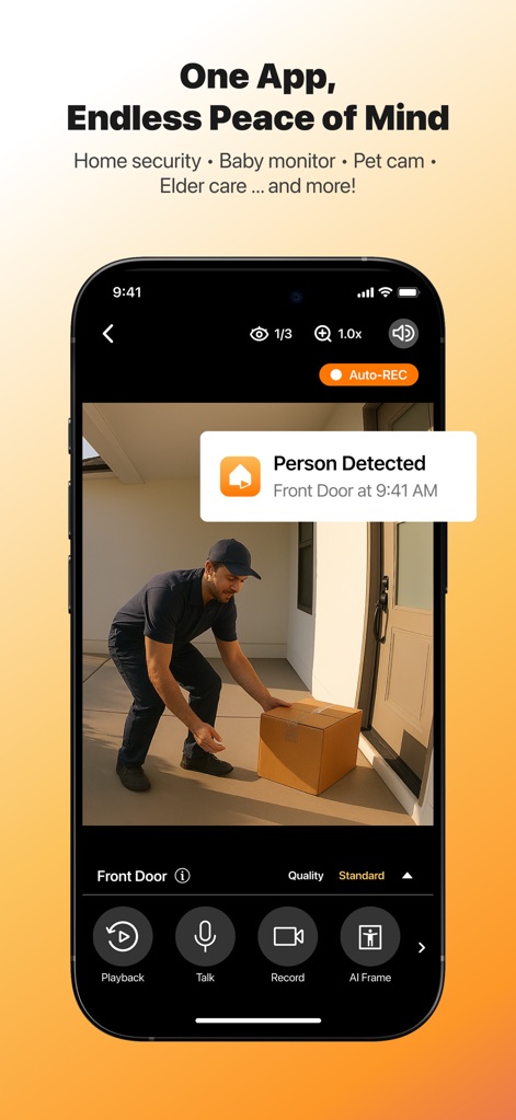 Alfred Camera: Home Security - The app provides instant "Person Detected" alerts with "Auto-REC" functionality, offering options to "Talk" or "Record" directly from the live feed.