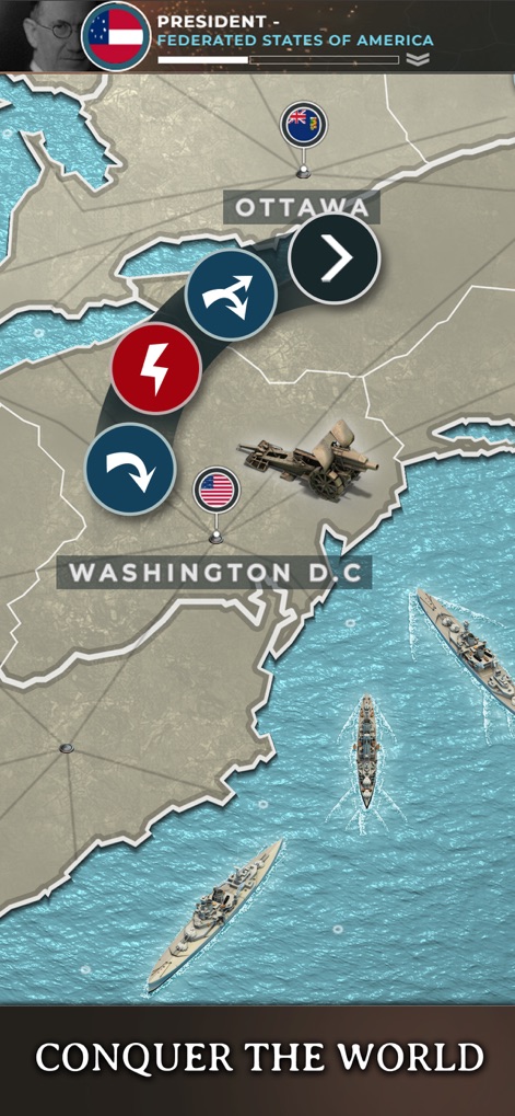 Supremacy 1914 - World War 1 - このビジュアルは、首都ワシントンD.C.を中心とした戦略的行動の可能性を示し、海上を航行する軍艦が世界征服に向けた部隊の展開を暗示しています。