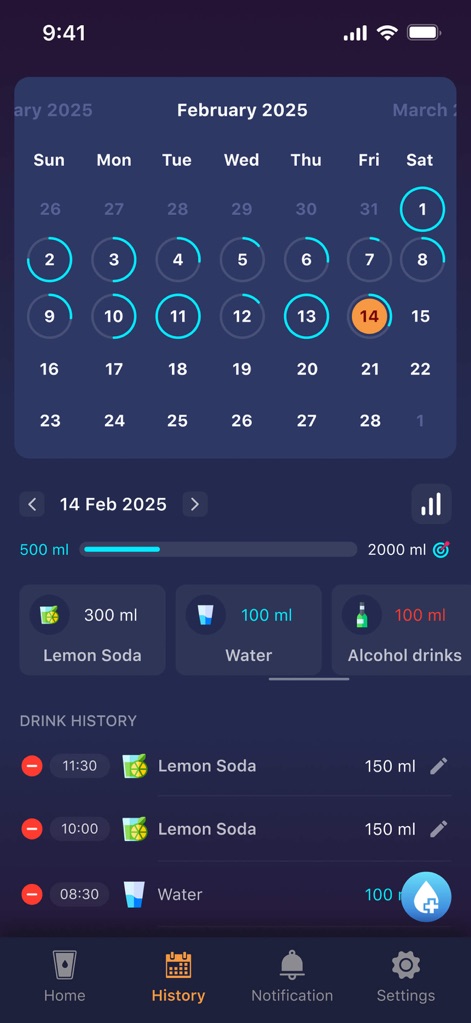 Drink water: Drinking reminder - Users can easily review past hydration trends with an interactive calendar and a detailed drink history log for specific dates.
