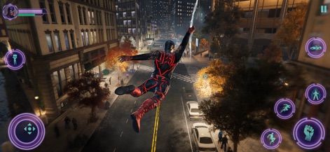 Grand Superhero Justice Sim - Users can experience dynamic city traversal, showcasing the superhero in mid-air and the richly detailed urban environment.
