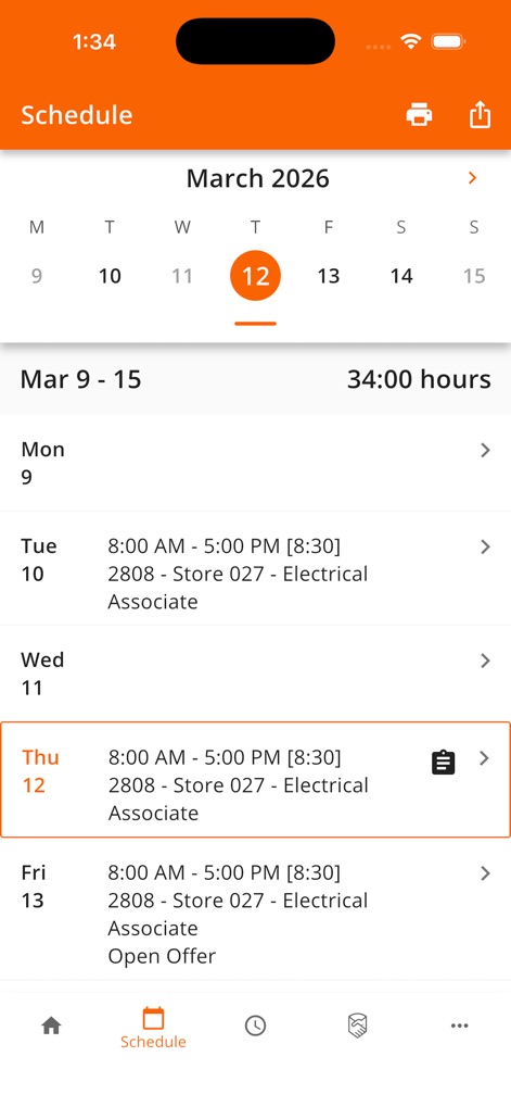 Workforce Tools - Users can effortlessly navigate their 'Weekly Schedule', viewing detailed shift timings and a clear summary of 'total hours' for the week.