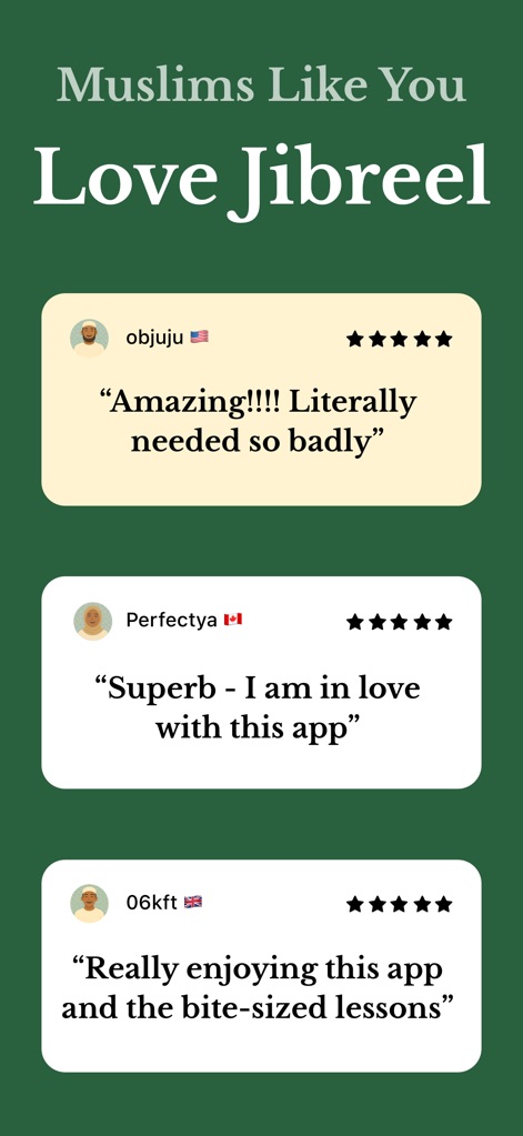 Jibreel: Learn Islam App - Die App präsentiert eine Auswahl authentischer Nutzerbewertungen und zugehöriger Sterne-Ratings, die die hohe Zufriedenheit der Community widerspiegeln.
