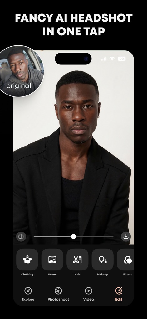 GIO - AI Photoshoot Generator - The intuitive editing UI empowers users to refine their fancy AI headshot using dedicated tools for clothing adjustments and hair styling.