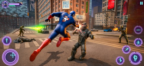 Grand Superhero Justice Sim - The app demonstrates dynamic hand-to-hand combat against diverse enemy types, including armored adversaries and a knocked-down foe.