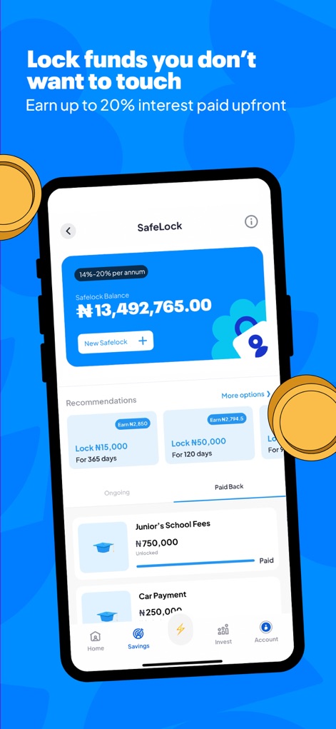 PiggyVest: Save & Invest Today - ユーザーは「SafeLock」機能を利用して資金を一定期間ロックでき、事前支払いされる利息と様々なロック期間の選択肢が提示されます。