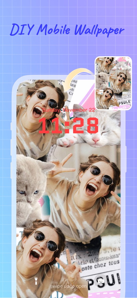 AI Photo Editor: Collage Maker - Esta función permite crear fondos de pantalla personalizados para móviles, como el vibrante mosaico de fotos de la mujer y el gato, que se integra perfectamente como fondo de pantalla de bloqueo con la hora y fecha.