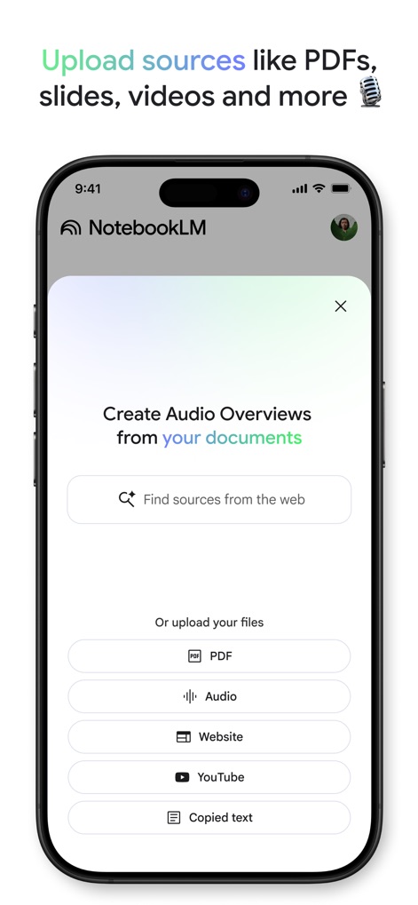 Google NotebookLM - 이 도구는 PDF, 오디오, 웹사이트 등 다양한 형식의 소스를 손쉽게 업로드할 수 있는 인터페이스를 제공하며, 상단에는 'Find sources from the web' 검색창이, 하단에는 직관적인 아이콘과 함께 파일 업로드 옵션들이 나열되어 있습니다.