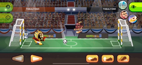 Head Ball 2 - Soccer Game - Observe the real-time competitive gameplay with players skillfully controlling the ball mid-air, while their names are prominently displayed above the goals.