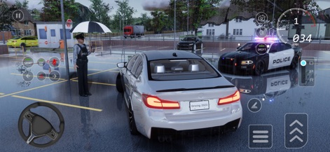 Car Driving 2026 : School Game - This scene captures a vigilant police officer directing traffic in a rain-slicked parking lot, alongside a detailed police cruiser.