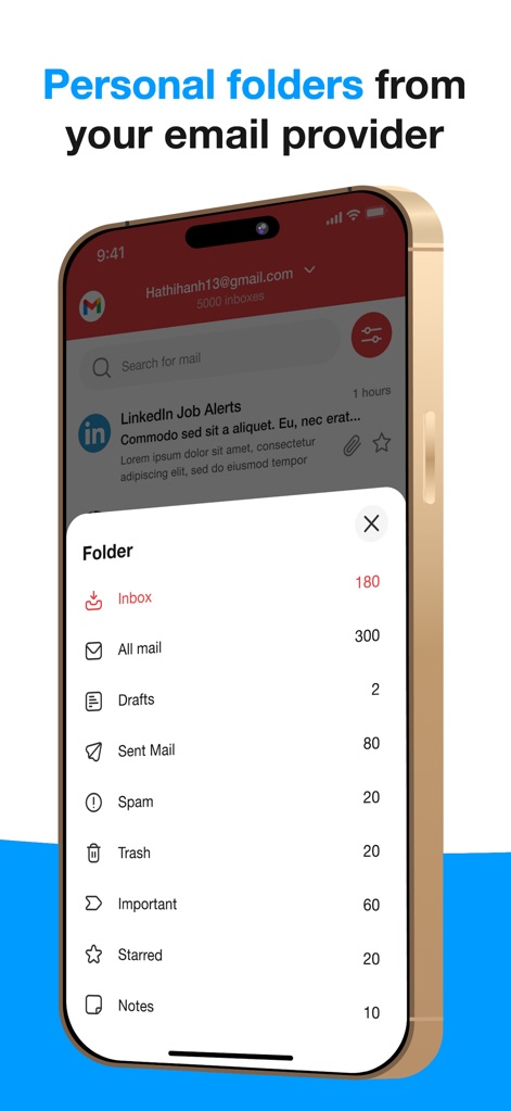 Email for Hotmail, Outlook - Um painel lateral revela as diversas pastas do e-mail, como "Caixa de Entrada" com a contagem de mensagens e "Rascunhos", para uma navegação estruturada.