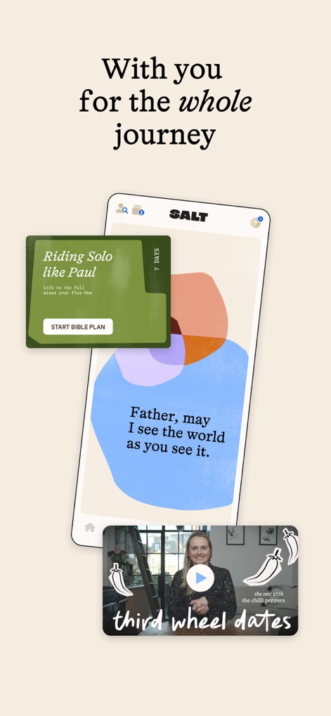 SALT - Christian Dating App - ユーザーは、「Bible Plan」を通じて日々の聖書研究を進め、インスピレーションを与える引用文や関連する動画コンテンツで信仰を深めることができます。