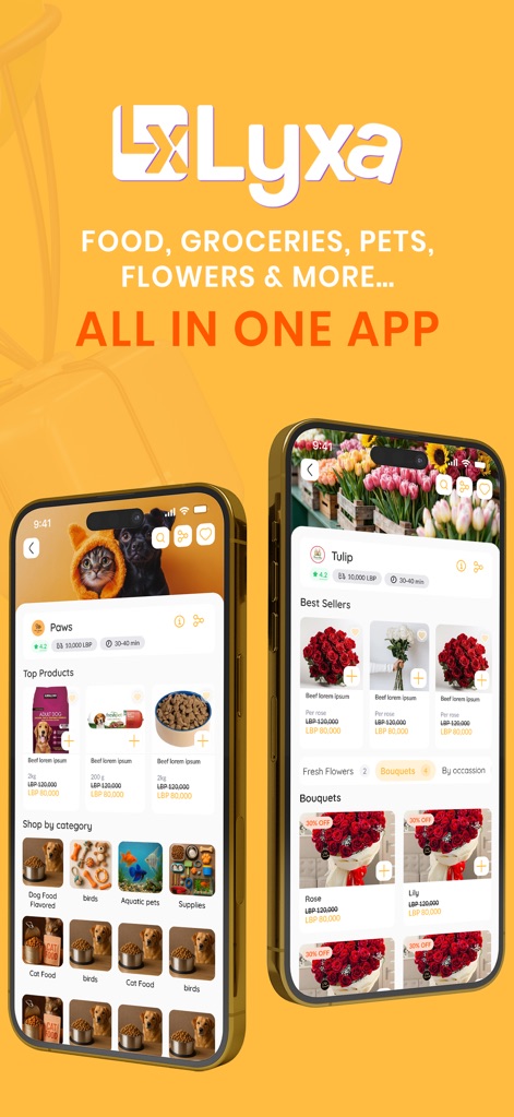 LYXA - ليكسا - Los usuarios exploran un extenso catálogo que abarca desde suministros para 'Paws' con sus 'Top Products' hasta la sección de 'Tulip' con una vibrante selección de 'Fresh Flowers'.