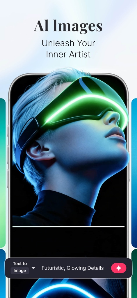 Pollo AI - AI Video Generator - Libérez votre artiste intérieur en générant des images uniques à partir de descriptions textuelles, illustré par un portrait futuriste aux détails lumineux et une interface de saisie de prompt claire.