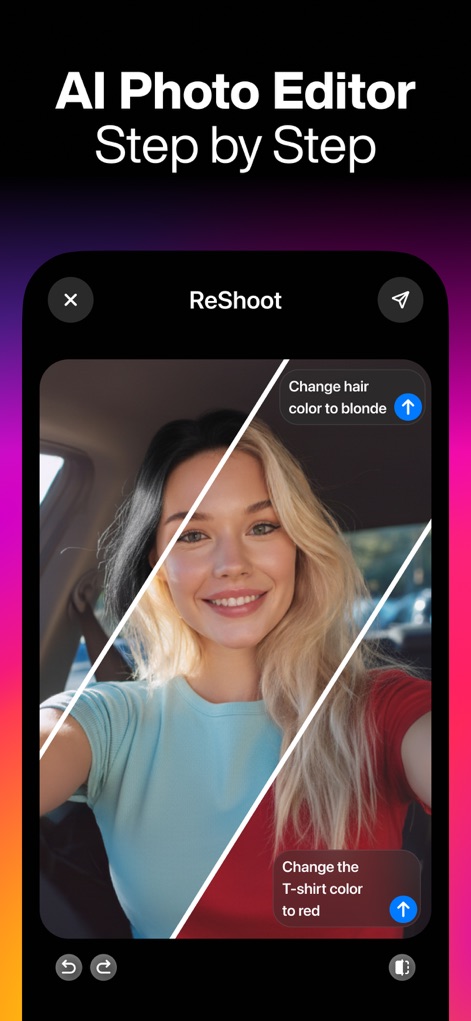 ReShoot: AI Photos & Edits - Los usuarios pueden transformar su apariencia, como se ve al cambiar el color de cabello a rubio y la camiseta a rojo, mostrando la capacidad de la IA para ediciones paso a paso.