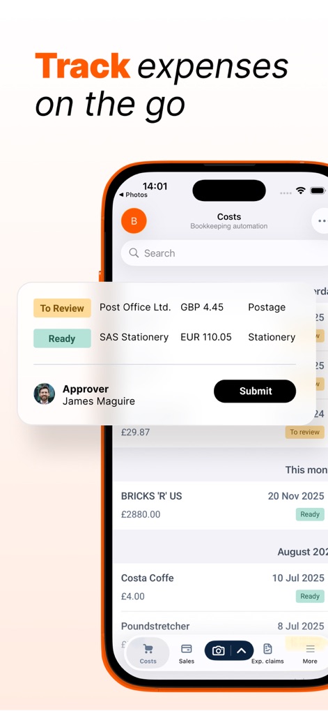 Dext: Expense Tracker App - 移動中でも経費を追跡できる機能を示しており、「To Review」や「Ready」といった各経費のステータスと、承認者である「James Maguire」の名前が表示されています。