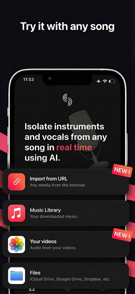 Stemz: remover vocal audio pro - O aplicativo demonstra múltiplas opções de importação, como 'Importar de URL' e 'Sua biblioteca de música', facilitando o acesso a uma vasta gama de áudios para manipulação em tempo real.