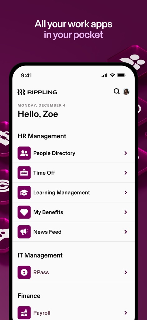 Rippling - HR, IT & Finance - Users gain quick access to essential features from a clean dashboard, clearly categorizing functions under HR Management and IT Management sections. 
