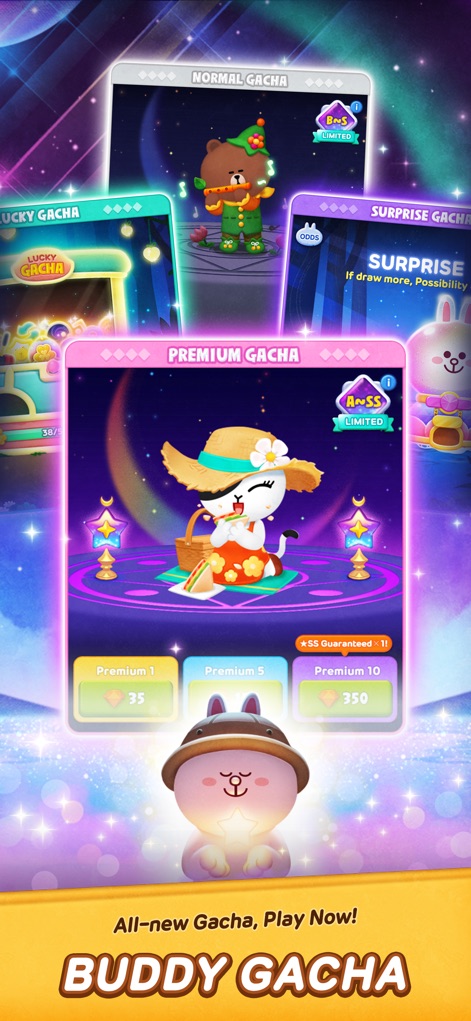 LINE Bubble 2 - The "BUDDY GACHA" system offers players multiple drawing options like "Premium Gacha" and "Lucky Gacha" to acquire new character outfits and buddies.