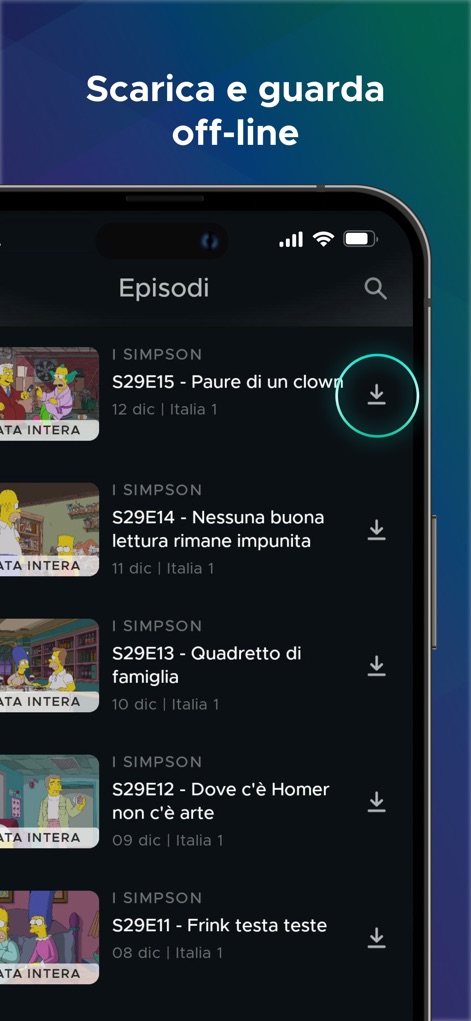 Mediaset Infinity Italia - Users can conveniently download episodes of their favorite series, such as 'I Simpson', and view them offline anywhere, indicated by the prominent download icon.
