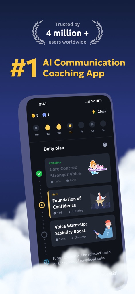 Vocal Image: AI Speaking Coach - Explore the app's 'Daily plan' interface, offering structured sessions and a clear calendar view for consistent progress.