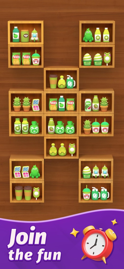 Goods Sort™ - Triple Master 3D - This level introduces dynamic and unconventional shelf layouts, challenging users to sort within strict time limits, as indicated by the alarm clock icon.