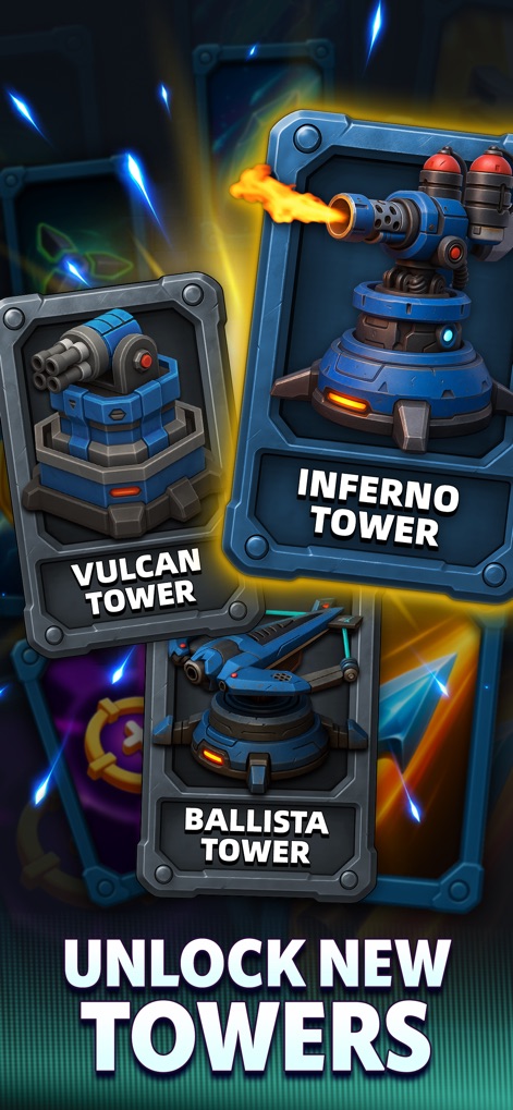 Raid Rush: Tower Defense TD - Explore the vibrant card art for specialized towers like the Vulcan and Inferno units within the extensive tower collection system.