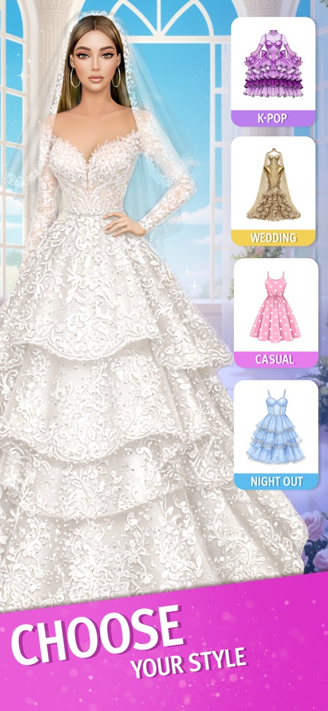 Pocket Styler: Dress Up Game - This feature allows users to "CHOOSE YOUR STYLE" from a wide range of fashion themes, including "K-Pop" and "Wedding" attire, for any occasion.