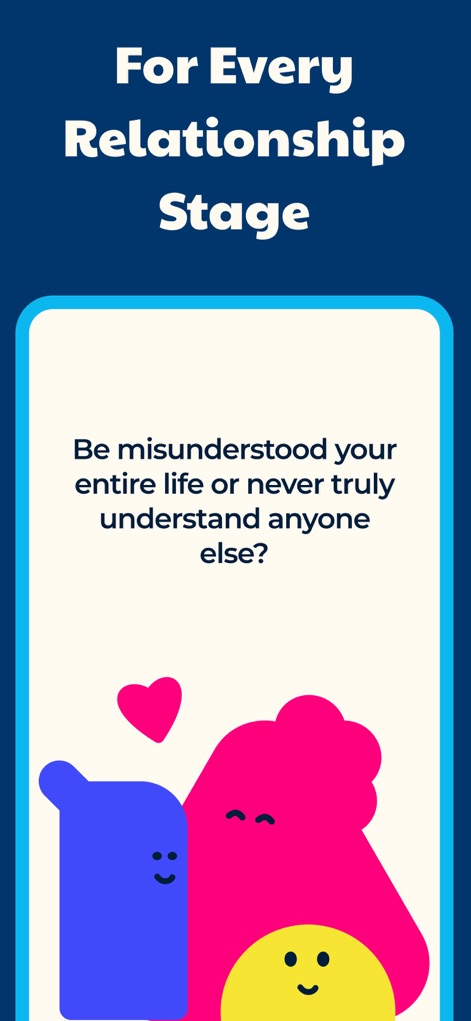 Couple Games Questions · DeepQ - This screen highlights how the app caters to "Every Relationship Stage" with thought-provoking questions and delightful stylized character illustrations at the card's base.